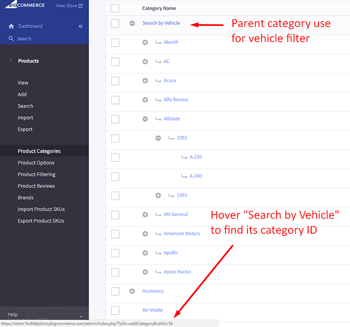 Vehicle filter categories